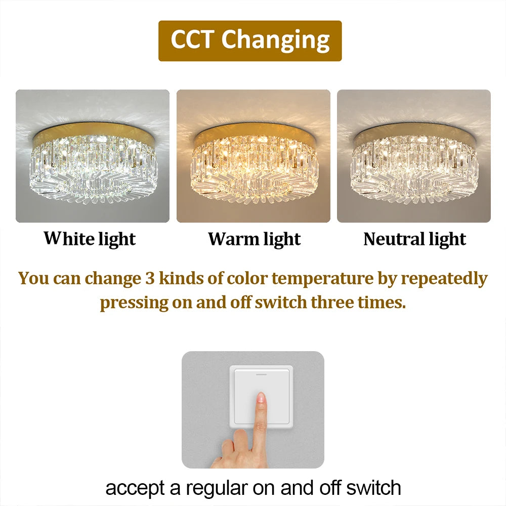 This beautiful crystal ceiling light fixture works for any room in your house. It is made of stainless steel with a modern gold polished finish. LED bulbs included. Diameter 40 50cm; Not dimmable. Warranty of 2 years