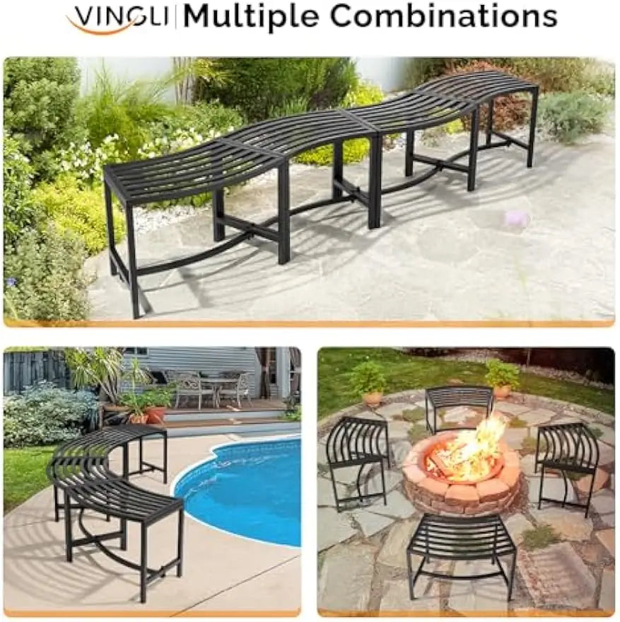 Outdoor Metal Curved Bench, Weatherproof Fire Pit Bench Set of 4, Heavy Duty Steel Backless Benches, Outside Seating