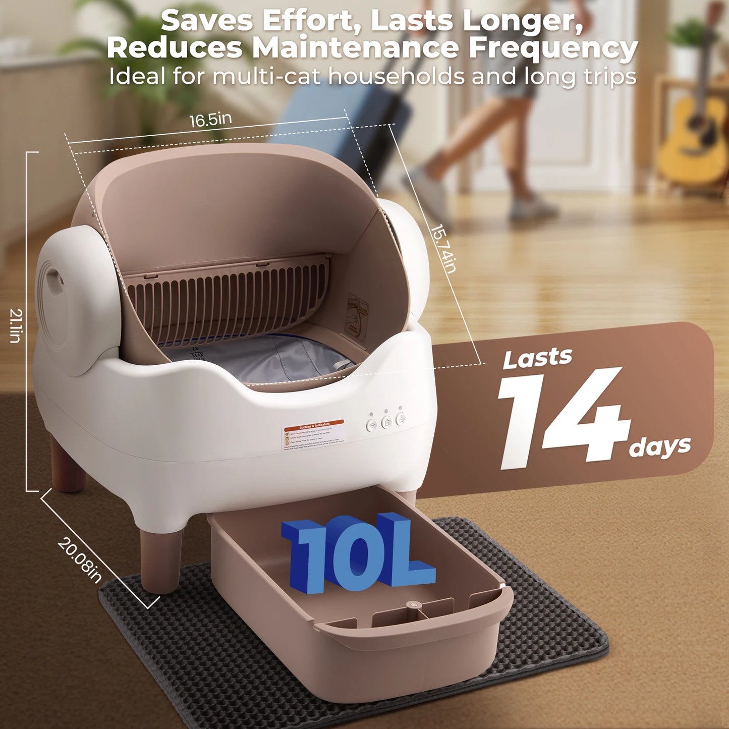 Automatic Self Cleaning Cat Litter Box, Odor-Free Large Waste Bin, Open-Top for Multi Cats
