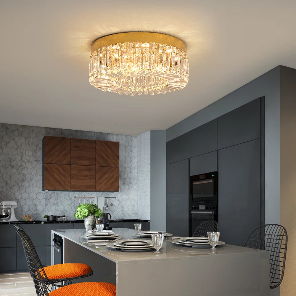 This beautiful crystal ceiling light fixture works for any room in your house. It is made of stainless steel with a modern gold polished finish.  LED bulbs included. Diameter 40 50cm; Not dimmable. Warranty of 2 years 