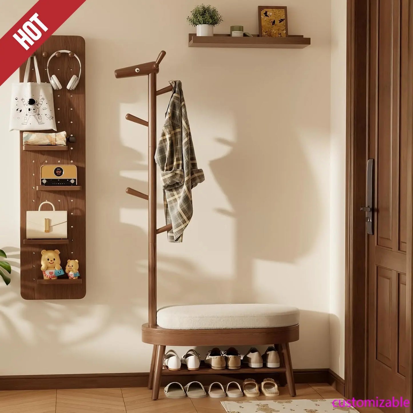 Walnut Shoe Bench and Coat Rack