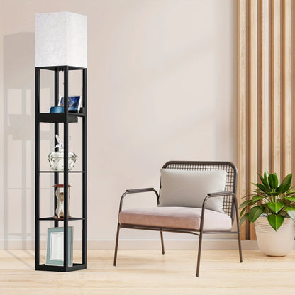 67" Column Floor Lamp with Shelves, Solid Wood, USB Ports, Storage Drawer and Bulb Included