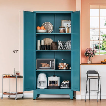 Tall Farmhouse Metal Pantry Cabinet, Adjustable Shelves