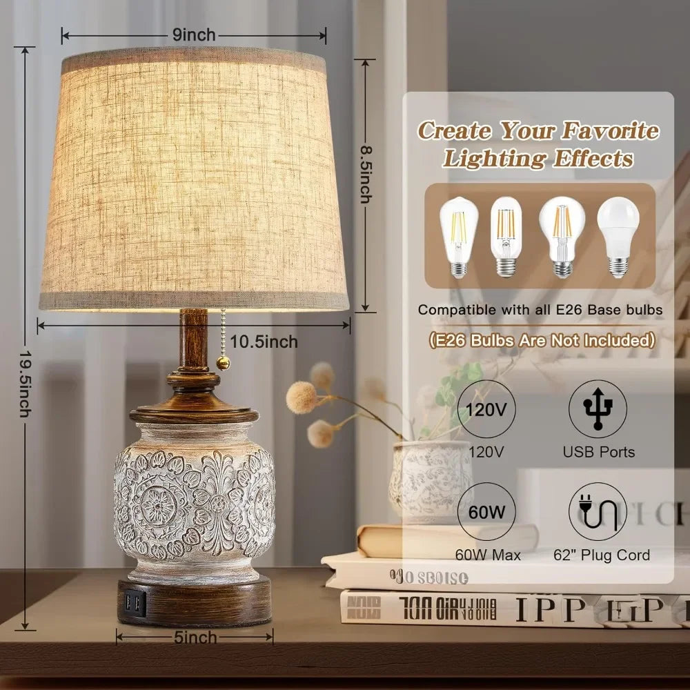 Customizable-19.5" Farmhouse Bedside Table Lamps; Set Of 2 Rustic Lamps For Nightstand Bedroom With USB Ports; Vintage Traditional