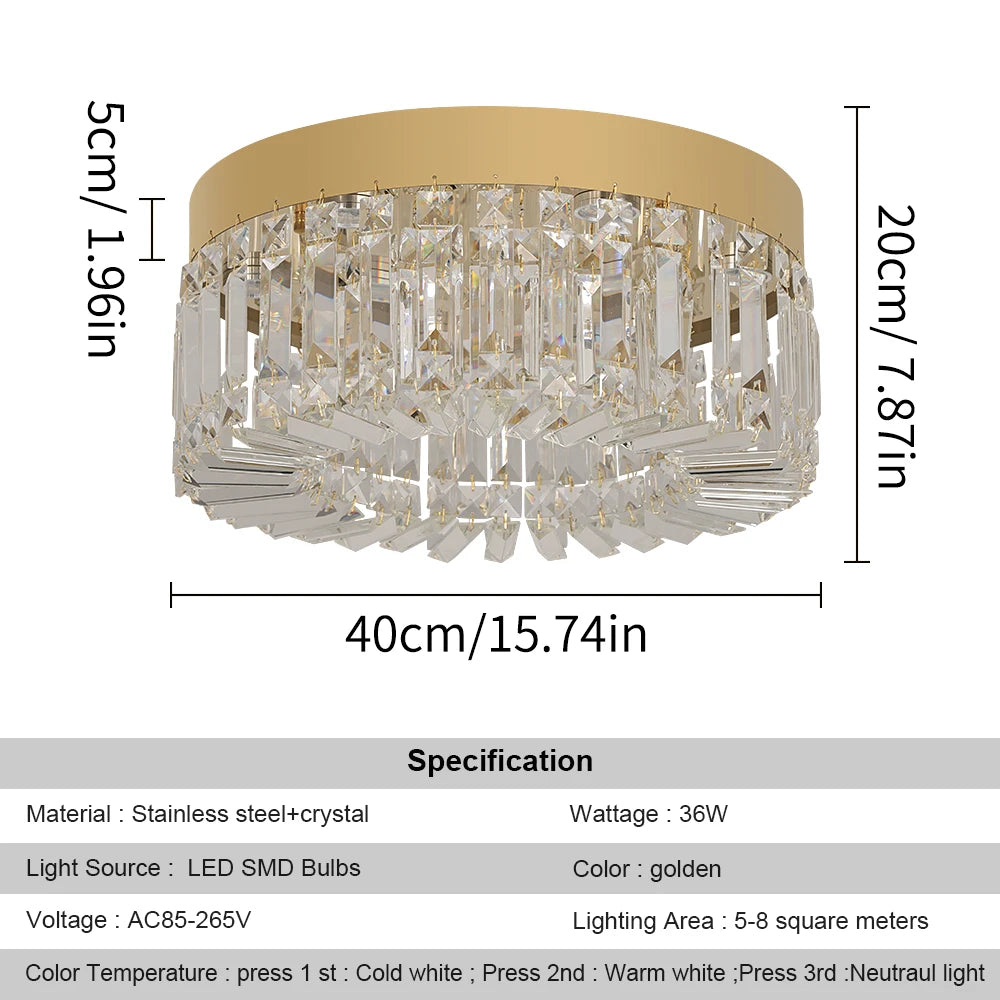 This beautiful crystal ceiling light fixture works for any room in your house. It is made of stainless steel with a modern gold polished finish.  LED bulbs included. Diameter 40 50cm; Not dimmable. Warranty of 2 years 