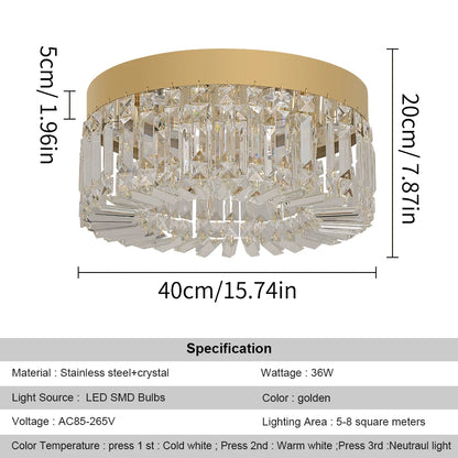This beautiful crystal ceiling light fixture works for any room in your house. It is made of stainless steel with a modern gold polished finish.  LED bulbs included. Diameter 40 50cm; Not dimmable. Warranty of 2 years 