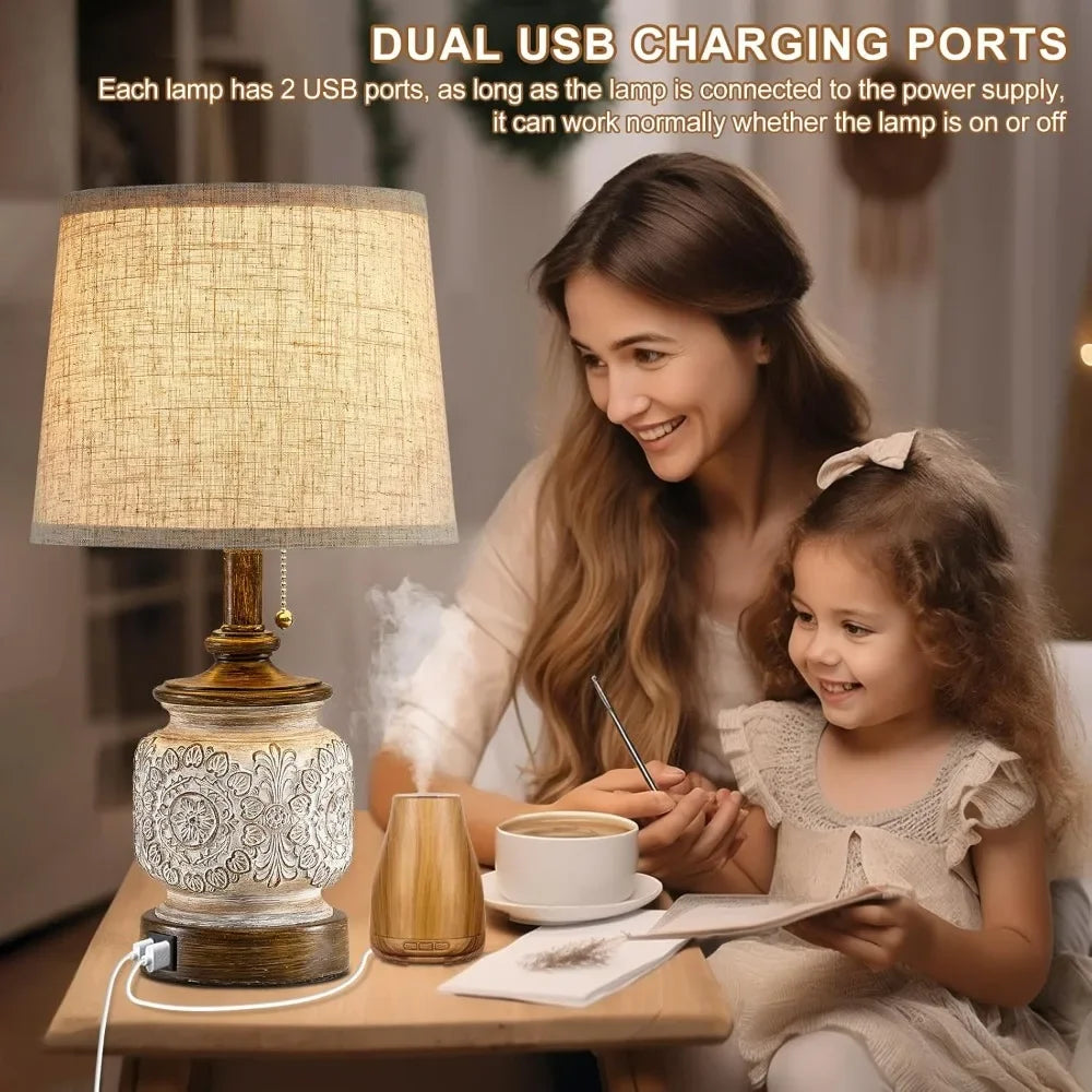 Customizable-19.5" Farmhouse Bedside Table Lamps; Set Of 2 Rustic Lamps For Nightstand Bedroom With USB Ports; Vintage Traditional