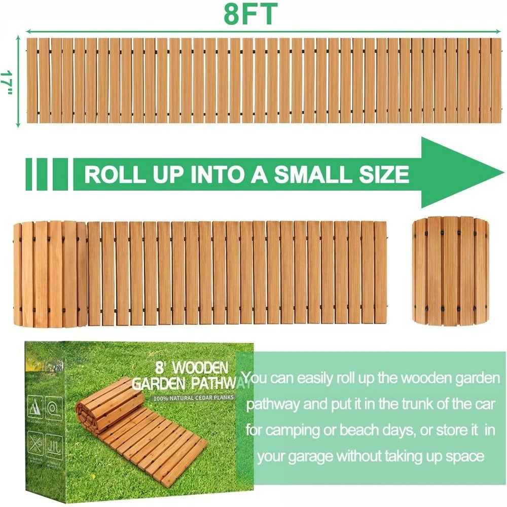 NEW 8' Wooden Garden Pathway; Outdoor Roll Out Cedar Straight Walkway, Weather-Resistant Roll Up Beach Wood Path