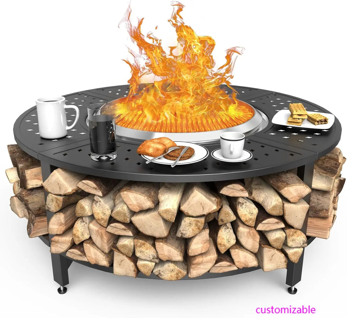 48" Fire Pit , Powder-Coated Steel Surround Table with Firewood Storage Shelf for Safety & Extra Space