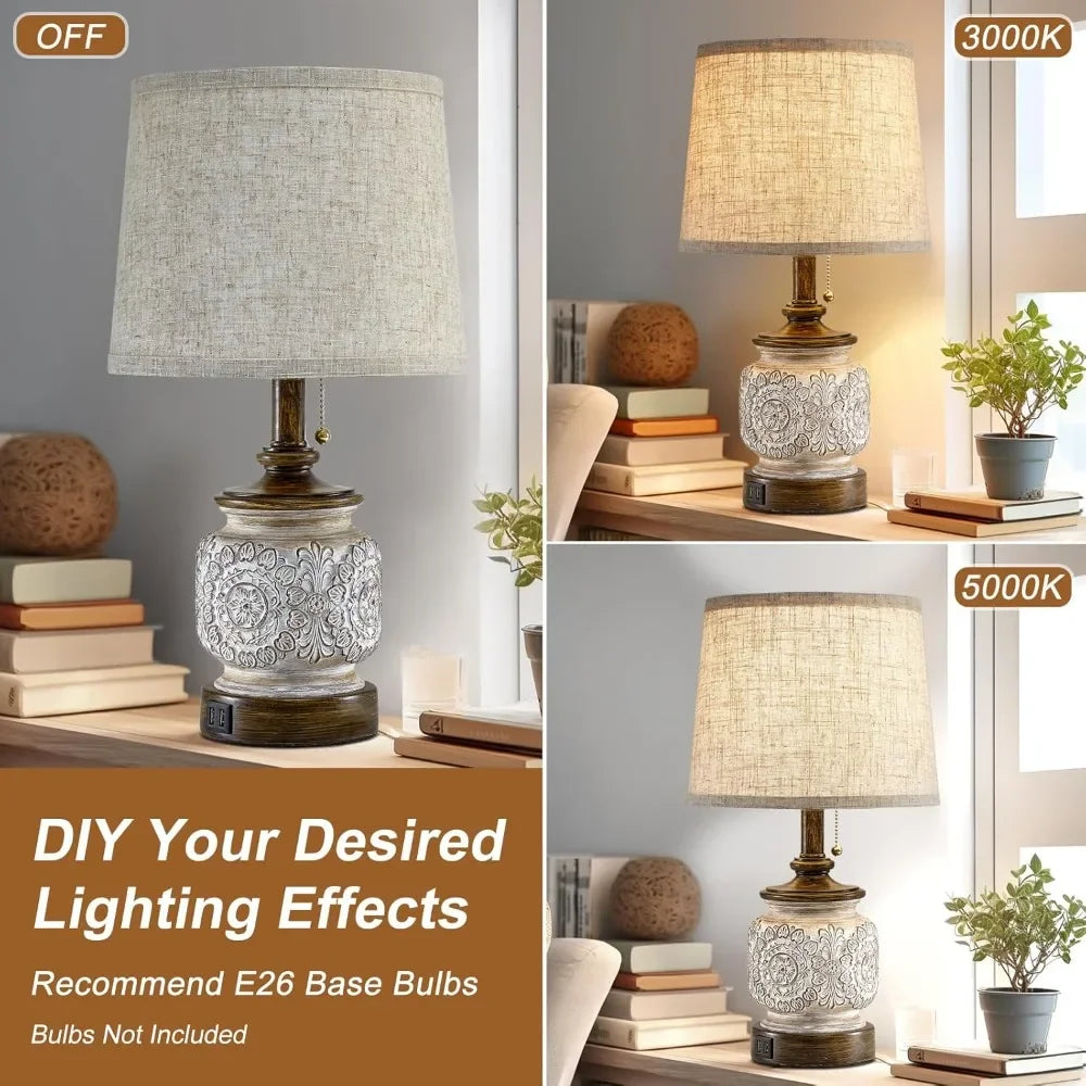 Customizable-19.5" Farmhouse Bedside Table Lamps; Set Of 2 Rustic Lamps For Nightstand Bedroom With USB Ports; Vintage Traditional