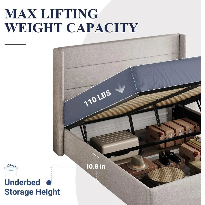 3 Sizes Lift Up Storage Bed, Modern Headboard,