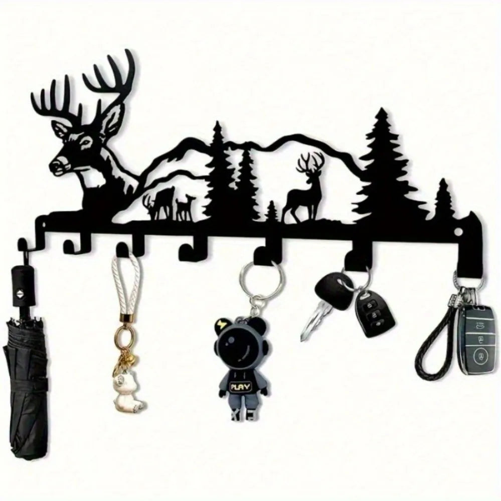 Single-Piece Stylish Deer & Forest-Themed Metal Key Hook – Effortlessly Installable Wall-Mounted Organizer for Entryways