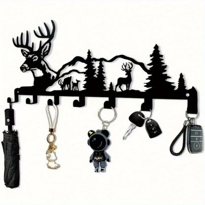 Single-Piece Stylish Deer & Forest-Themed Metal Key Hook – Effortlessly Installable Wall-Mounted Organizer for Entryways