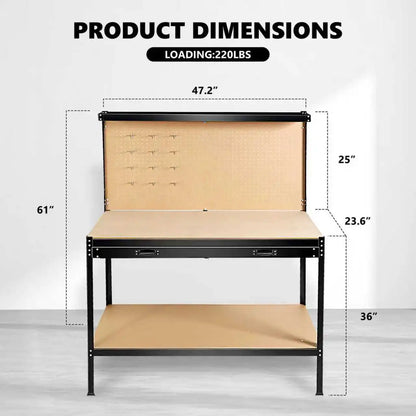 63'' Garage Workbench, 300 Lbs Load Capacity, Heavy Duty Work Bench, Workbench With Pegboard Drawer Backplate Metal