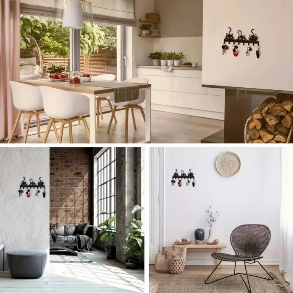 Festive Cat-Shaped Iron Wall Rack – Multifunctional 5-Hook Key Holder | Decorative Hanger for Keys, Small Items