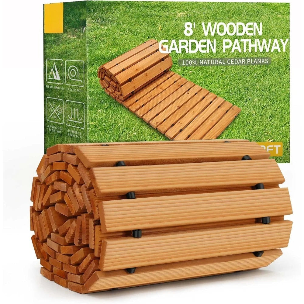 NEW 8' Wooden Garden Pathway; Outdoor Roll Out Cedar Straight Walkway, Weather-Resistant Roll Up Beach Wood Path