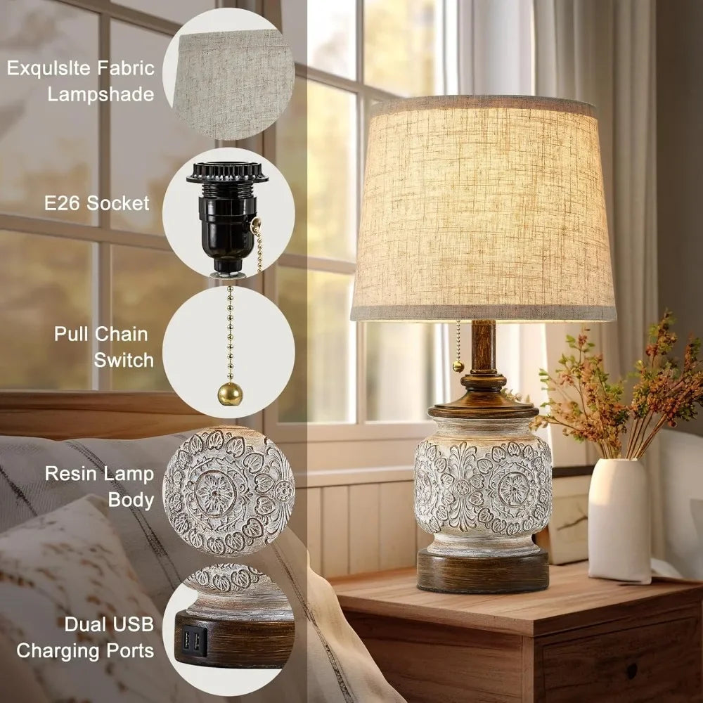 Customizable-19.5" Farmhouse Bedside Table Lamps; Set Of 2 Rustic Lamps For Nightstand Bedroom With USB Ports; Vintage Traditional