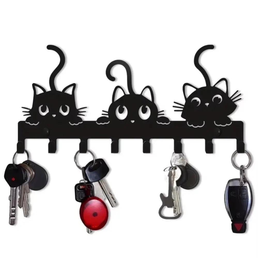 Festive Cat-Shaped Iron Wall Rack – Multifunctional 5-Hook Key Holder | Decorative Hanger for Keys, Small Items