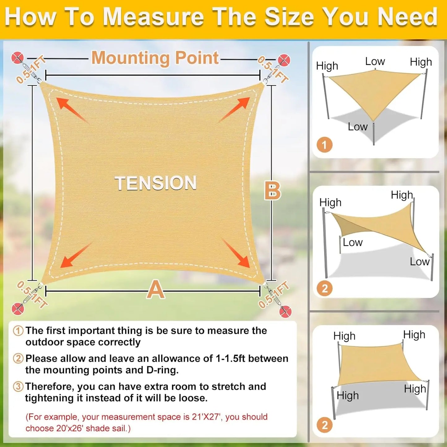 Sun Shade Rectangle Sail Curved 20'X26' Sand Outdoor Shade Cover UV Block Canopy for Patio Garden Backyard Heavy Duty Permeable