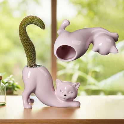 Ceramic Cat Shape Succulent Pot with Drainage Hole Cactus/Flower Container Garden Pots for Home Office Desk Windowsill Decor