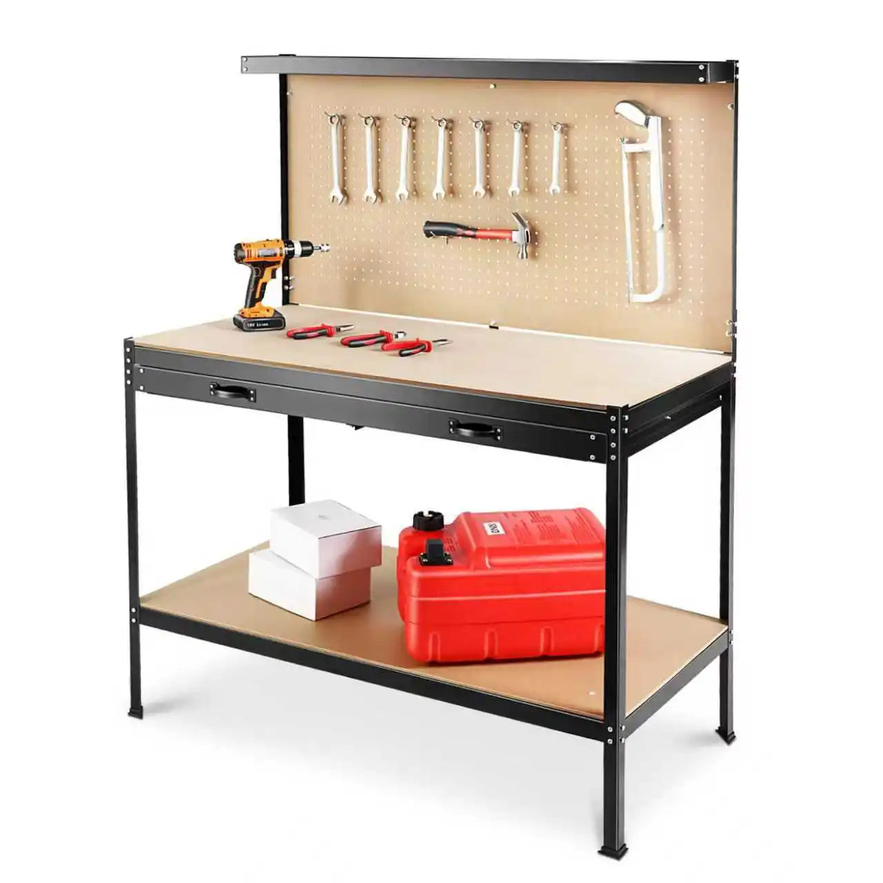 63'' Garage Workbench, 300 Lbs Load Capacity, Heavy Duty Work Bench, Workbench With Pegboard Drawer Backplate Metal