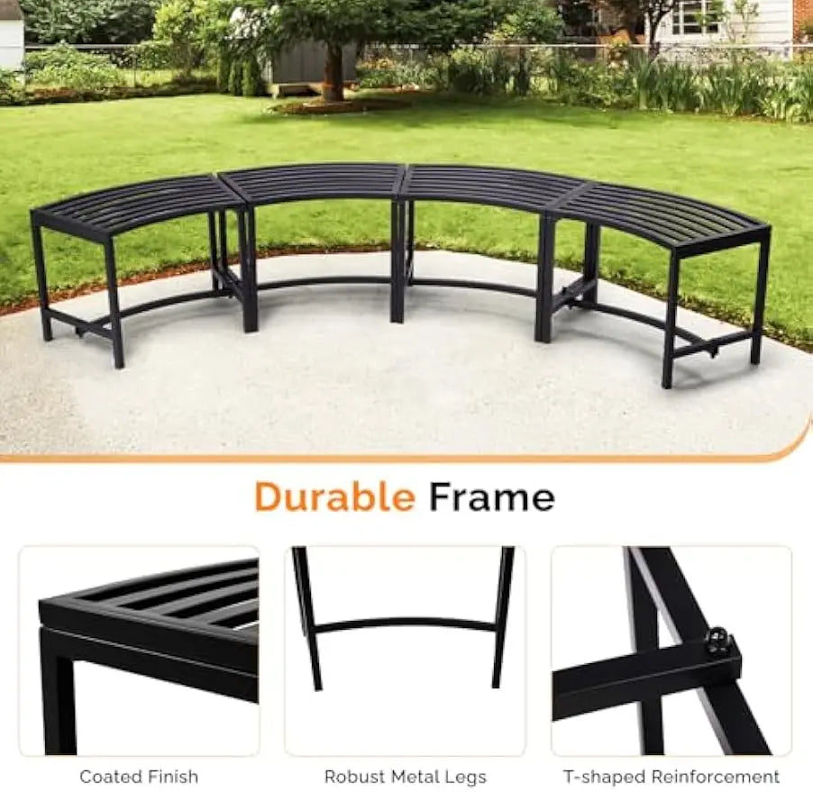 Outdoor Metal Curved Bench, Weatherproof Fire Pit Bench Set of 4, Heavy Duty Steel Backless Benches, Outside Seating