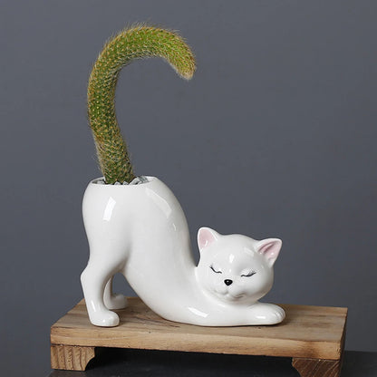 Ceramic Cat Shape Succulent Pot with Drainage Hole Cactus/Flower Container Garden Pots for Home Office Desk Windowsill Decor