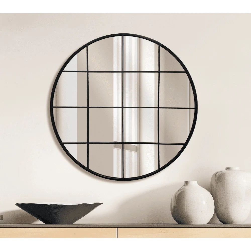 30 Inch Round Metal Windowpane Wall Mirror