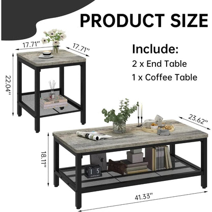 Set of 3, Industrial Metal Frame Coffee Table & 2 Square End Side Tables