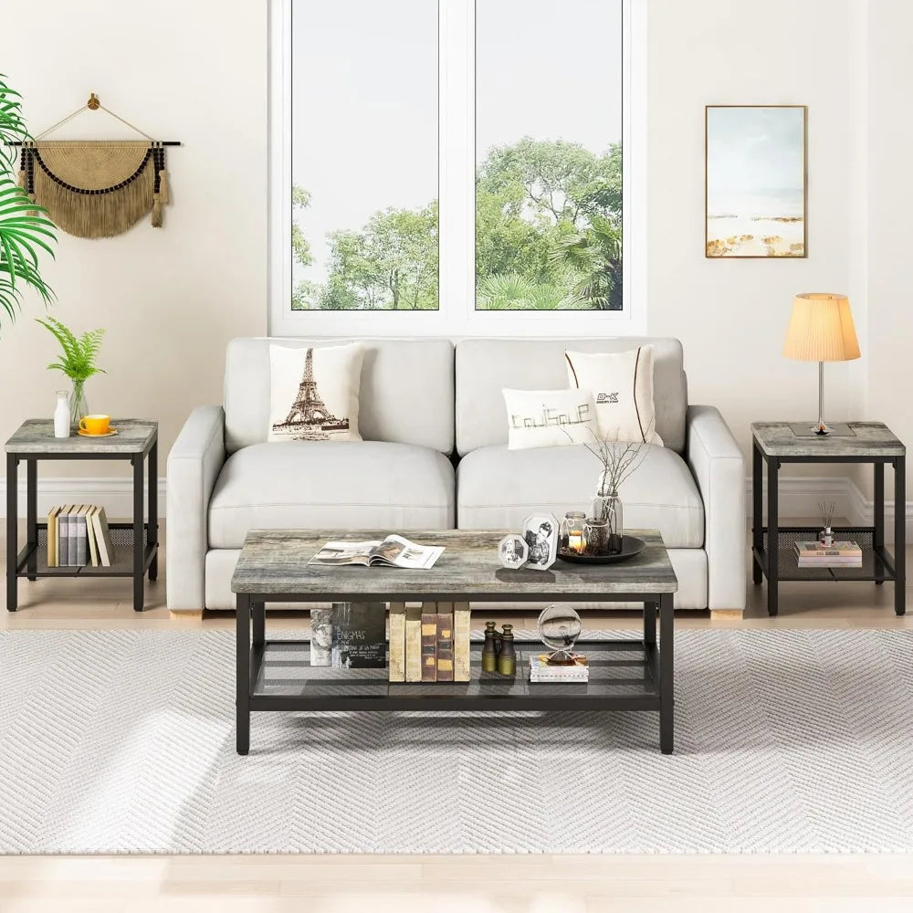 Set of 3, Industrial Metal Frame Coffee Table & 2 Square End Side Tables