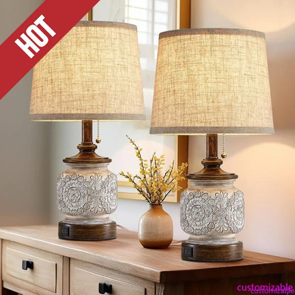 Customizable-19.5" Farmhouse Bedside Table Lamps; Set Of 2 Rustic Lamps For Nightstand Bedroom With USB Ports; Vintage Traditional