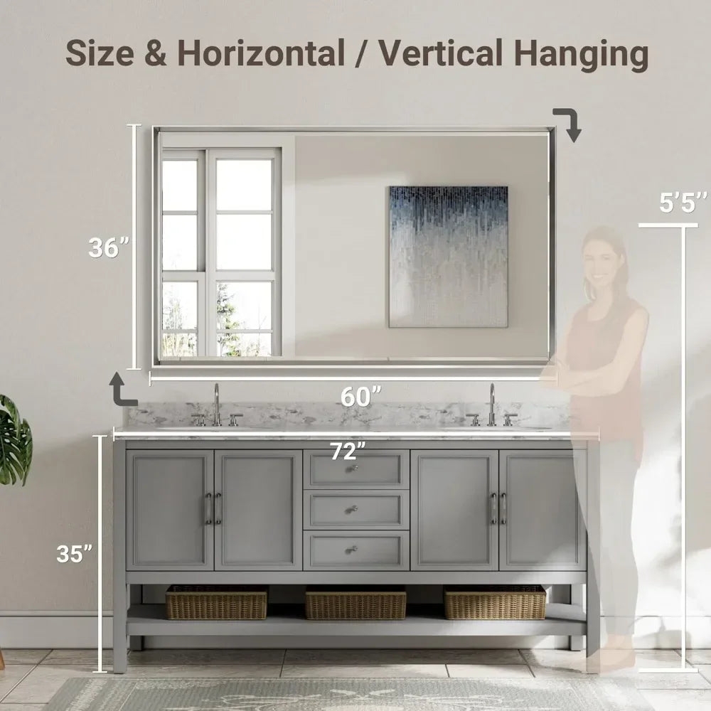 60 x 36 Beveled Framed Brushed Nickel Bathroom Mirror