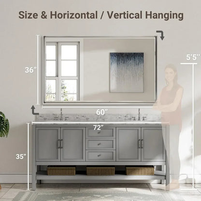 60 x 36 Beveled Framed Brushed Nickel Bathroom Mirror