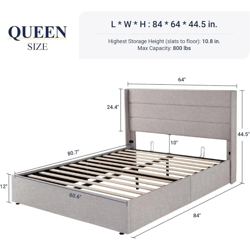3 Sizes Lift Up Storage Bed, Modern Headboard,