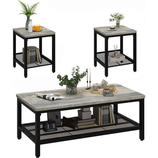 Set of 3, Industrial Metal Frame Coffee Table & 2 Square End Side Tables