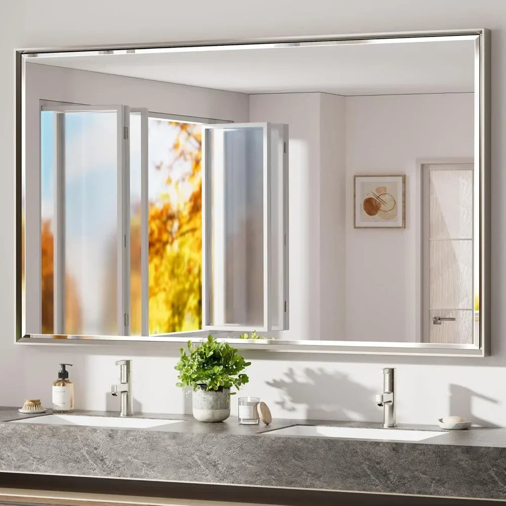 60 x 36 Beveled Framed Brushed Nickel Bathroom Mirror