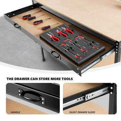 63'' Garage Workbench, 300 Lbs Load Capacity, Heavy Duty Work Bench, Workbench With Pegboard Drawer Backplate Metal