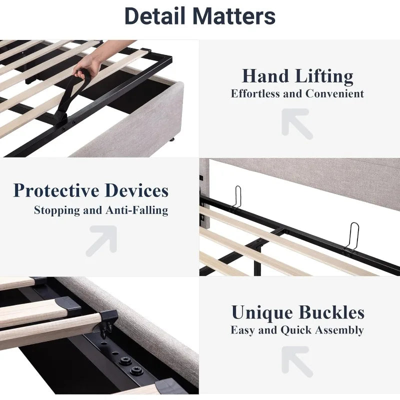 3 Sizes Lift Up Storage Bed, Modern Headboard,